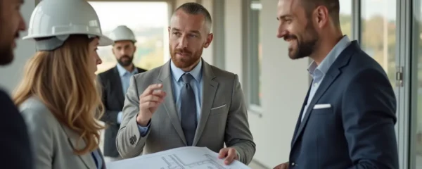 Chef d'orchestre professionnel supervisant un projet de construction moderne, composition équilibrée, fond épuré, lumière cinématographique