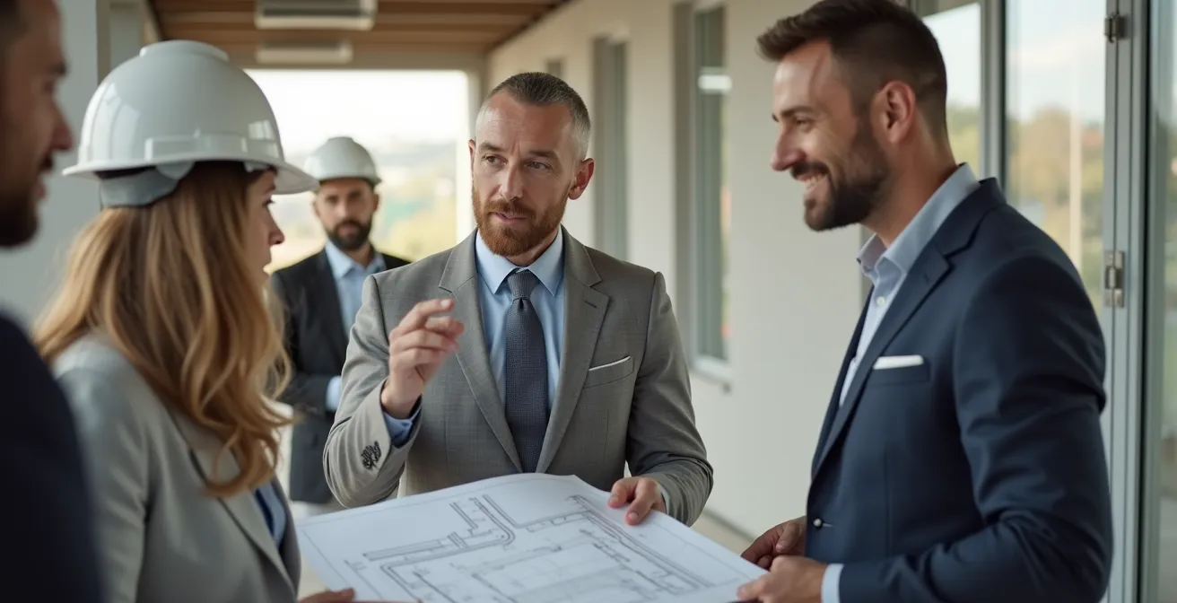 Chef d'orchestre professionnel supervisant un projet de construction moderne, composition équilibrée, fond épuré, lumière cinématographique