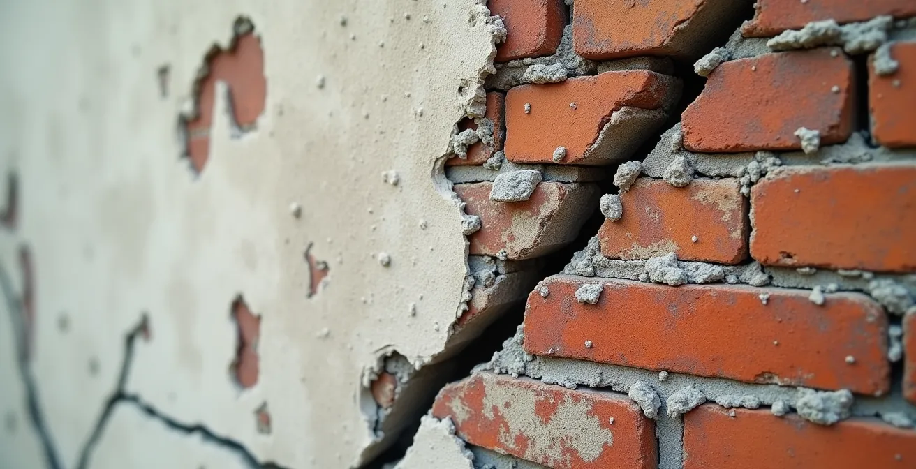 Détail en gros plan d'une fissure structurelle sur un mur de façade