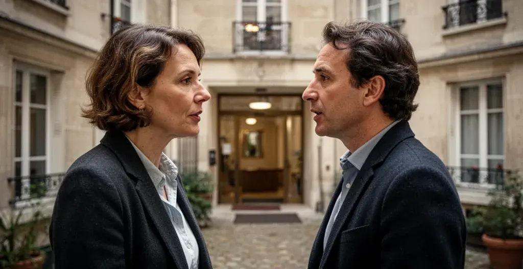 Deux personnes discutant dans hall copropriété budget plan pluriannuel travaux