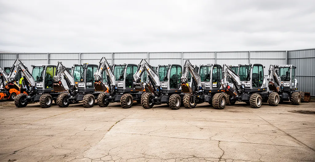 Engins de chantier alignés dans cour vente aux enchères BTP