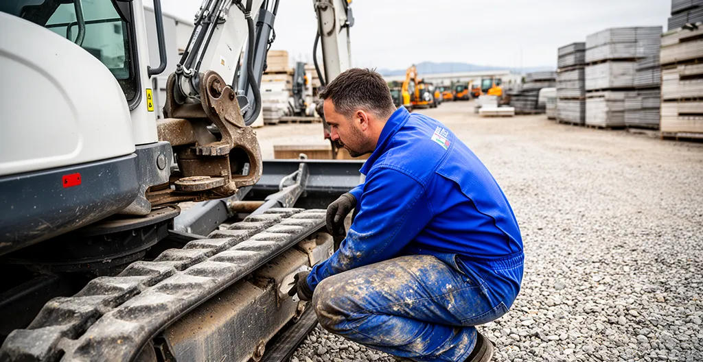 Professionnel BTP inspectant les chenilles d'une mini-pelle avant enchères