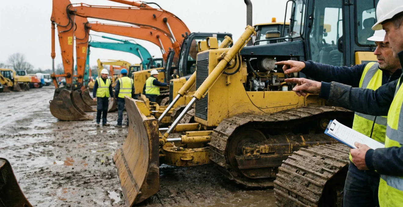Rangée de pelles mécaniques BTP alignées sur parc de vente aux enchères