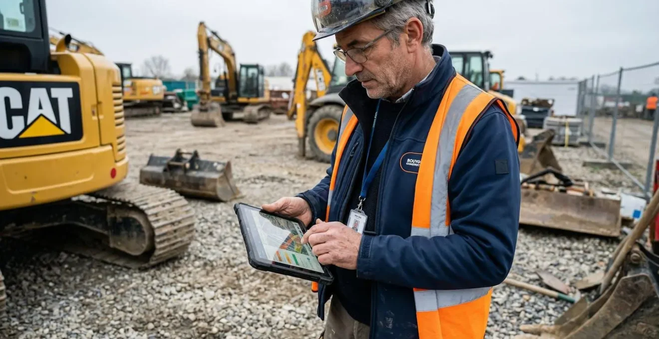 Professionnel du BTP consultant une tablette devant des engins de chantier lors d'une vente aux enchères