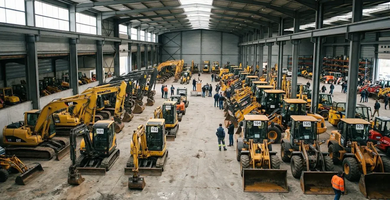Salle de ventes aux enchères avec pelles excavatrices et engins de chantier alignés sous numéros de lots