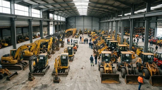 Salle de ventes aux enchères avec pelles excavatrices et engins de chantier alignés sous numéros de lots