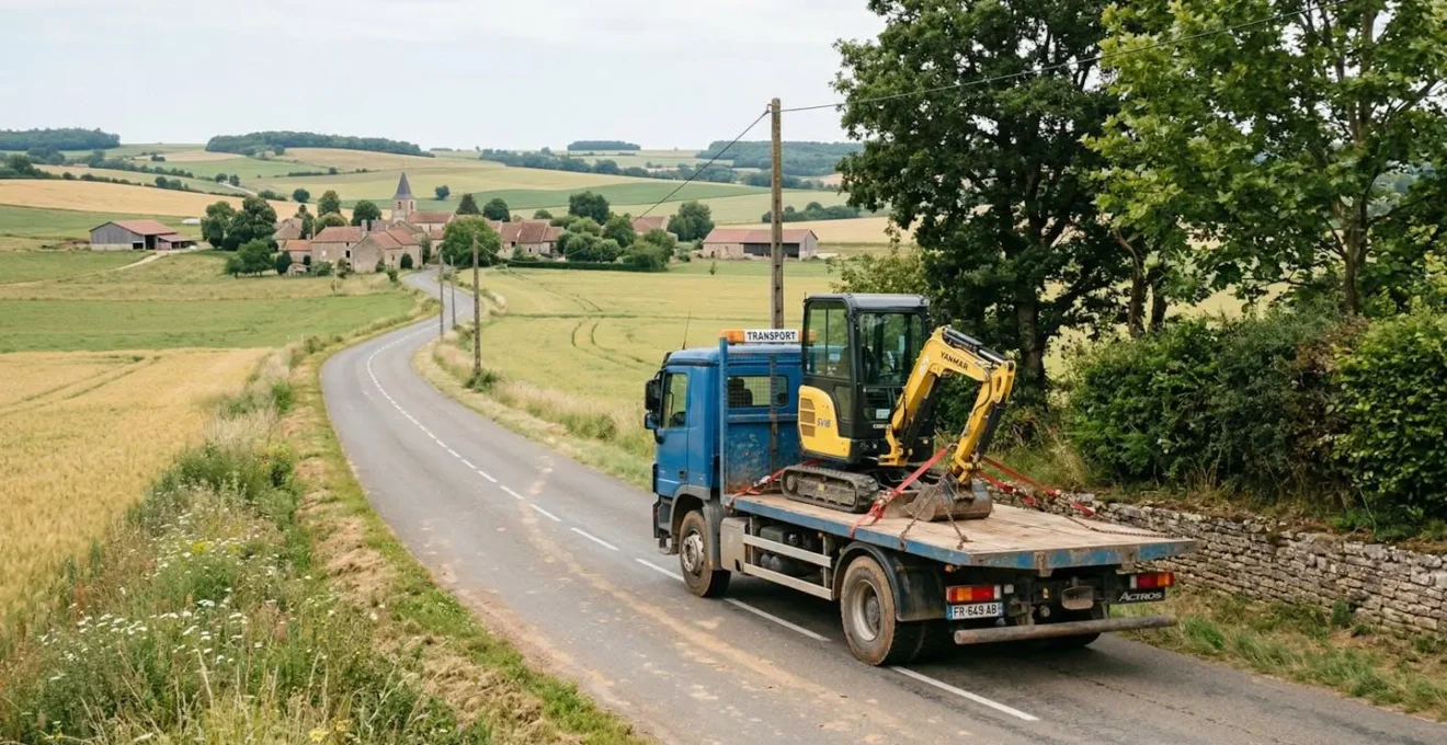 Camion plateau transportant une mini-pelle sur une route de campagne française