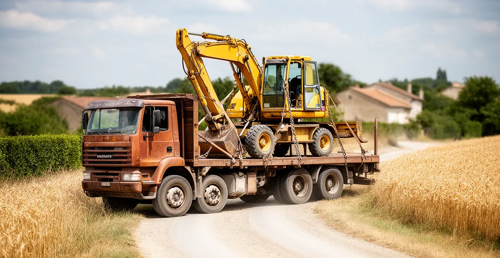 Camion plateau transportant une pelle mécanique jaune sur route