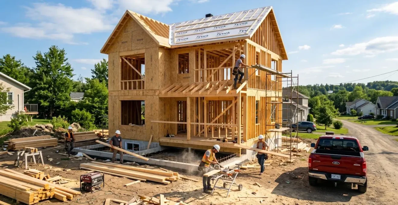 Vue d'un chantier résidentiel en cours de construction au Qué bec, avec charpente en bois et équipe de travail visible