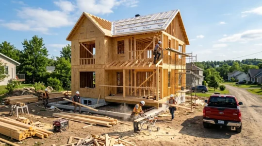 Vue d'un chantier résidentiel en cours de construction au Qué bec, avec charpente en bois et équipe de travail visible