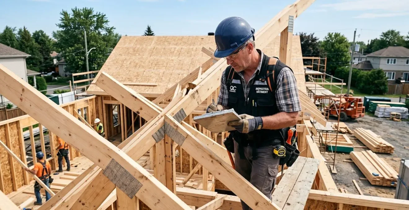 Inspecteur en bâtiment examinant une charpente en bois d'une maison en construction au Qué bec, carnet de notes à la main