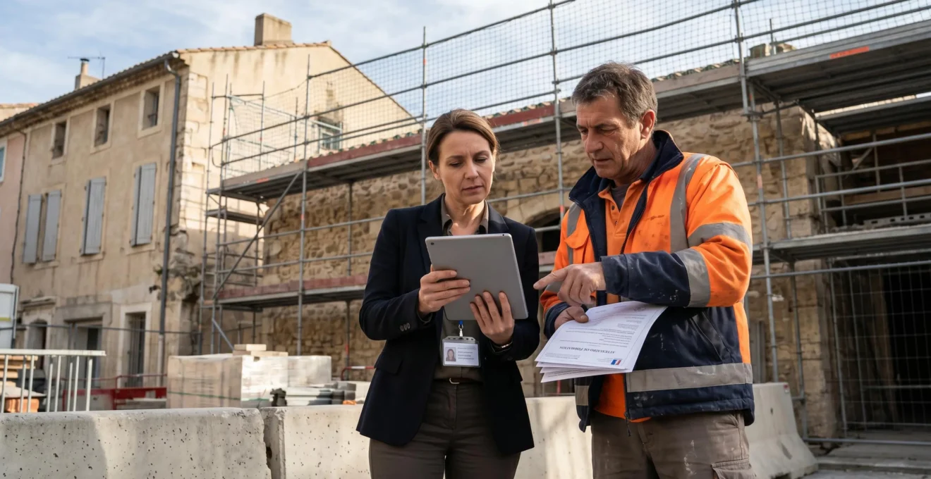 Inspectrice du travail consultant une tablette et chef de chantier présentant des attestations de formation lors d'un contrôle de conformité des habilitations sur un chantier de ravalement