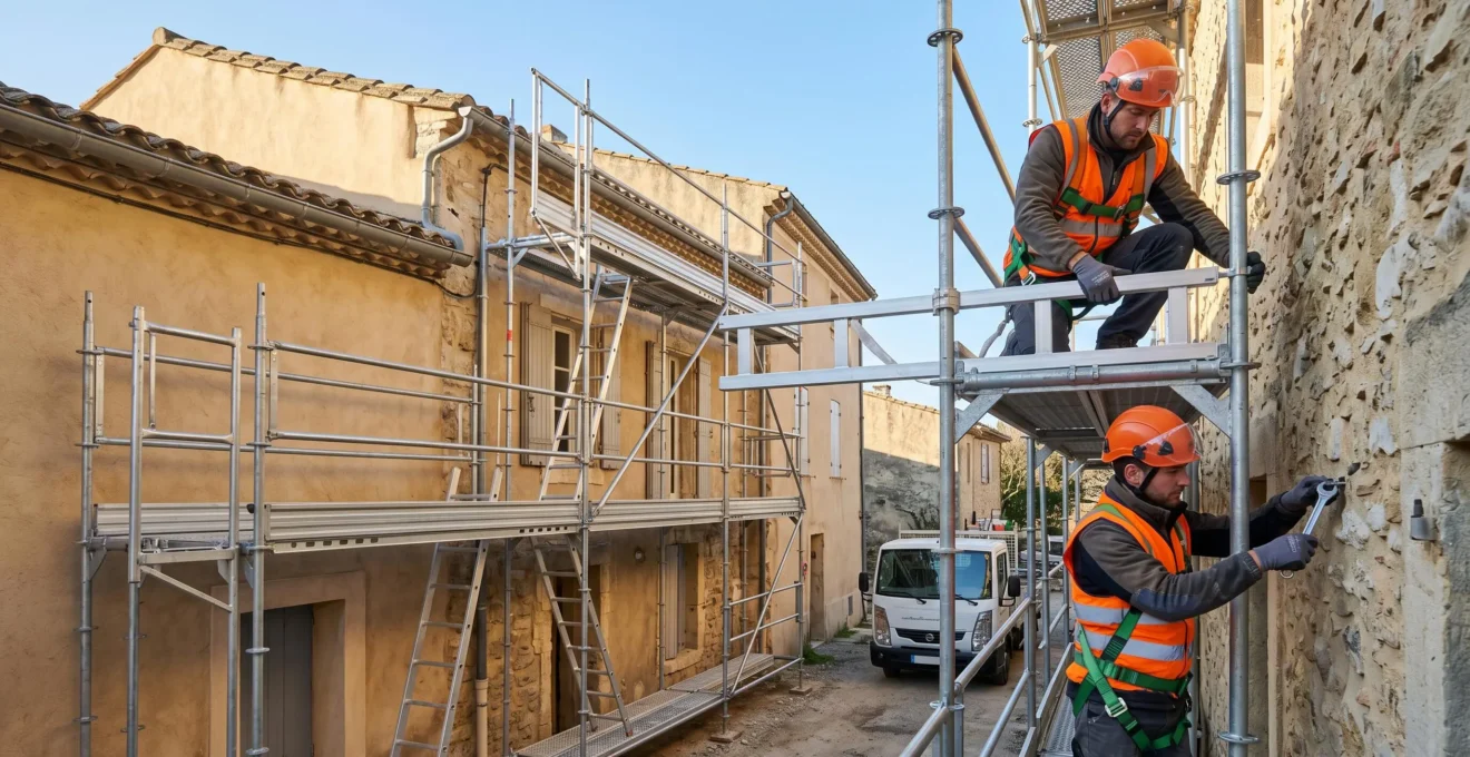 Deux monteurs professionnels en EPI assemblent un échafaudage fixe sur la façade d'un bâtiment provençal en rénovation, l'un positionnant un cadre métallique, l'autre sécurisant les ancrages muraux