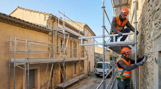 Deux monteurs professionnels en EPI assemblent un échafaudage fixe sur la façade d'un bâtiment provençal en rénovation, l'un positionnant un cadre métallique, l'autre sécurisant les ancrages muraux