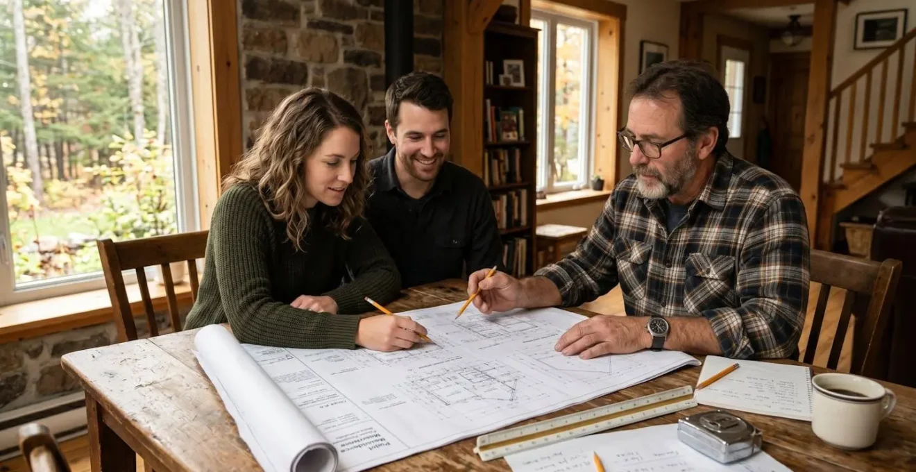 Un couple examine des documents contractuels avec un entrepreneur en construction, autour d'une table avec des plans de maison