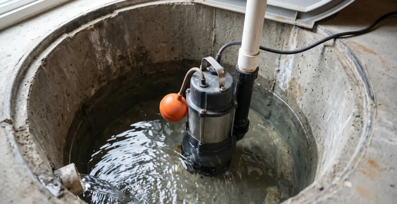 Pompe submersible en fonctionnement dans puisard partiellement rempli d'eau, flotteur en position haute, eau en mouvement autour de l'admission de la pompe