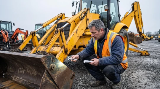 Un acheteur accroupi inspecte le bras et le godet d'une tractopelle d'occasion stationnée sur une cour de vente d'engins de chantier.