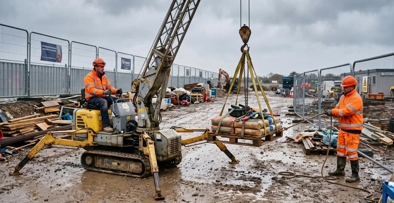 Une mini-grue chenillée hisse une palette lourde sur un chantier boueux.
