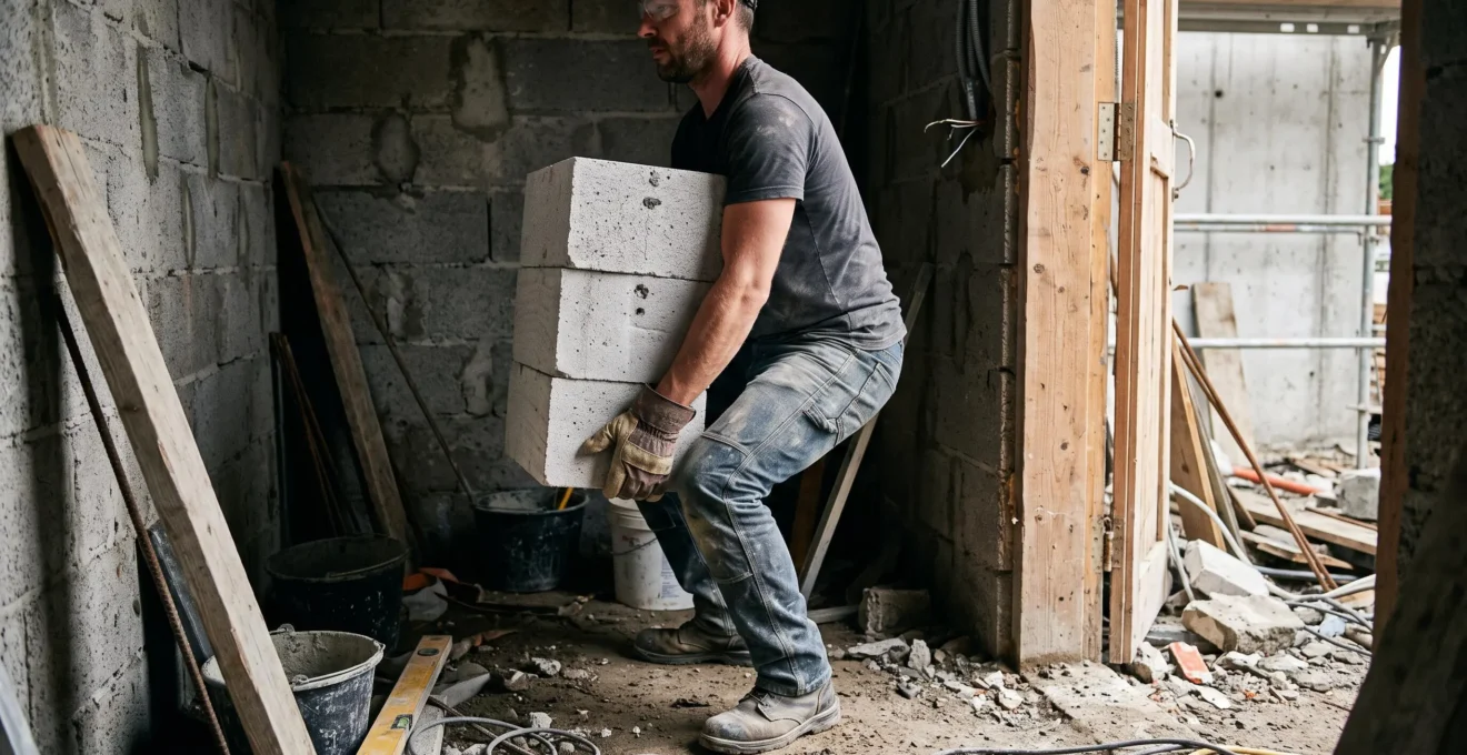 Un ouvrier soulève manuellement quelques parpaings dans un espace restreint de chantier.