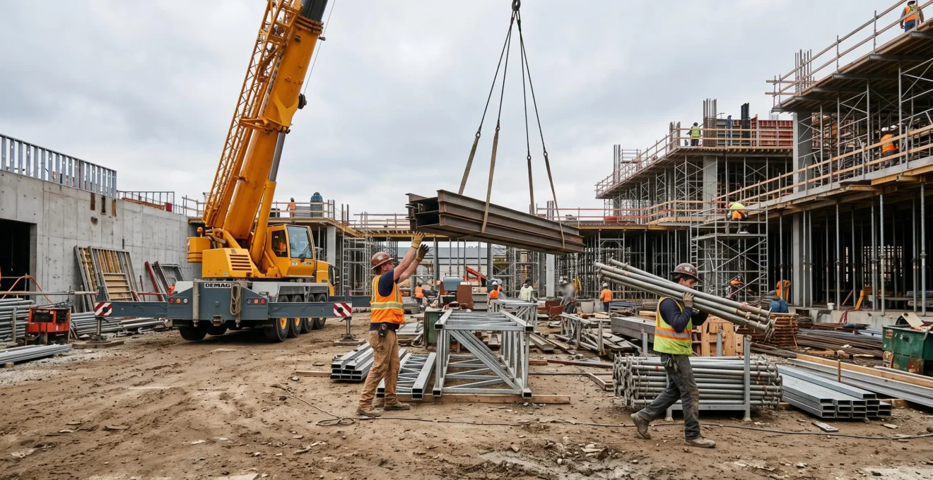 Des ouvriers manutentionnent des charges à la main et à la grue sur un chantier.
