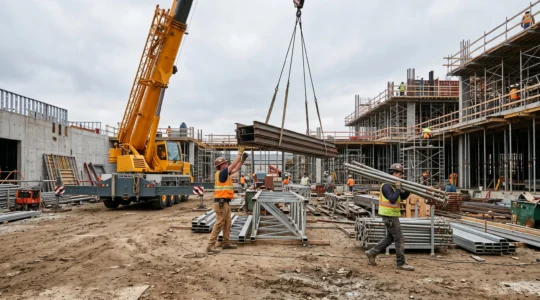 Des ouvriers manutentionnent des charges à la main et à la grue sur un chantier.